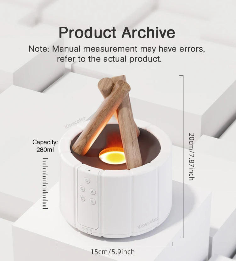 KINSCOTER Dyfuzor zapachowy z symulowanym płomieniem, nawilżacz powietrza Bonfire, ultradźwiękowy generator chłodnej mgiełki, lampa LED do olejków eterycznych